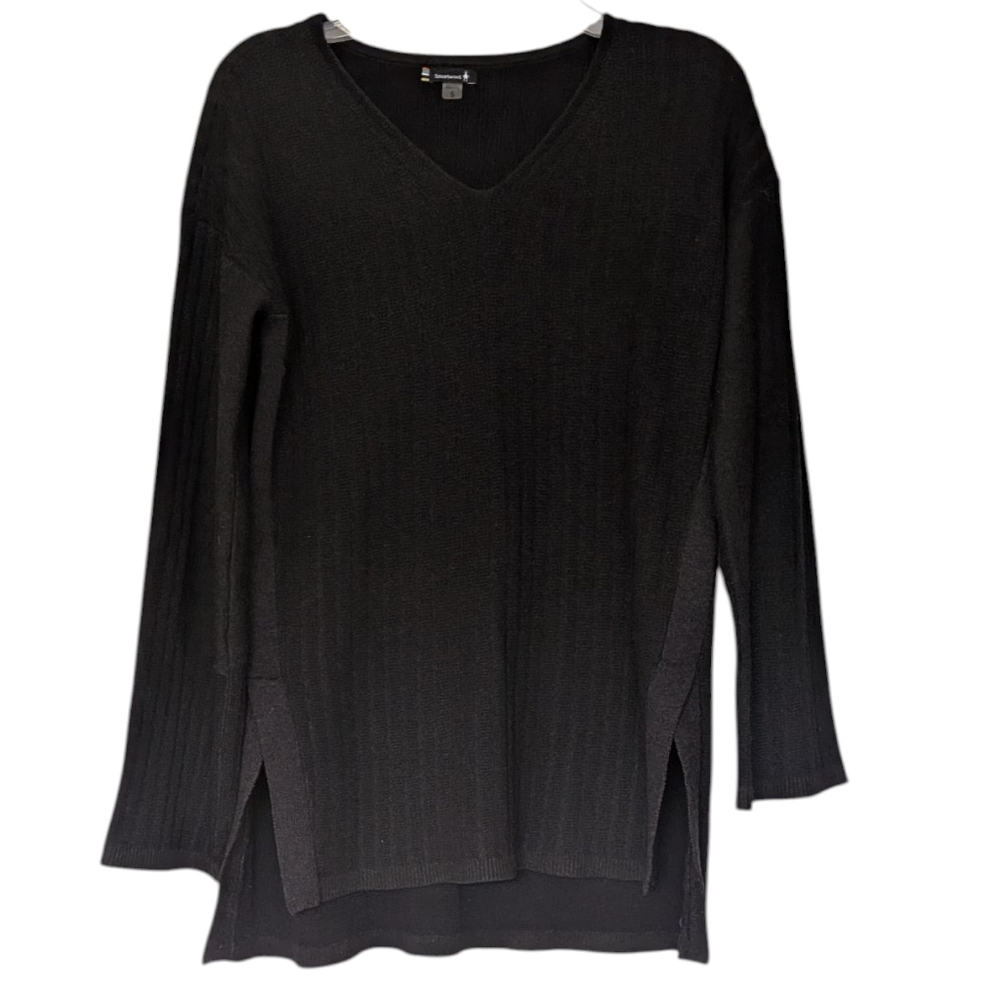 Smartwool Shadow Pine V Neck Sweater Womens Size Small Tunic Length Black Ribbed - Picture 9 of 9